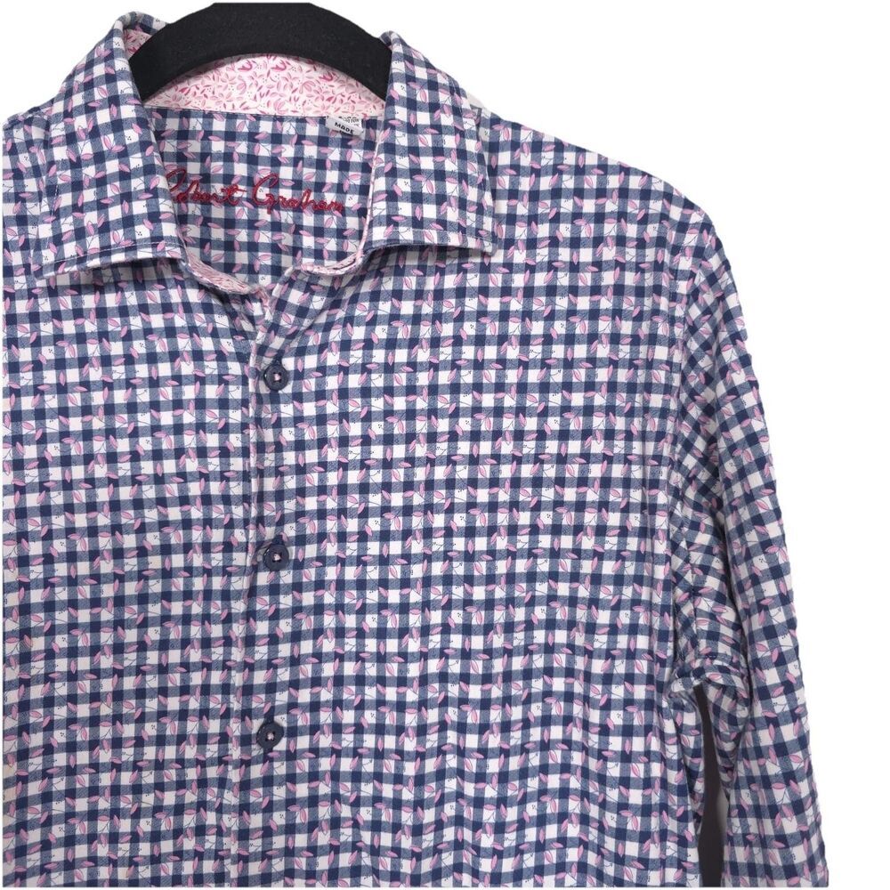 Robert Graham Shirt Size 18-20 XL Checkered Pink Floral Long Sleeve Plaid Navy